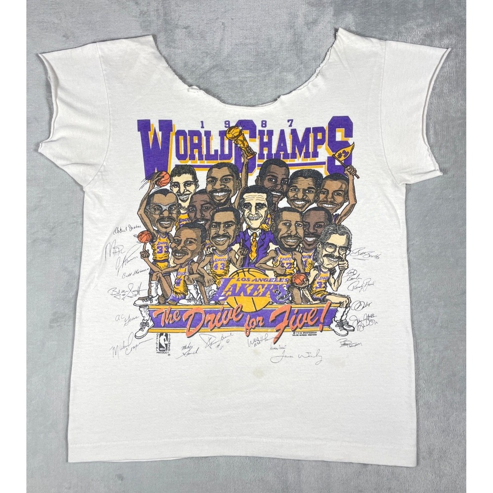 Vintage 1987 Los Angeles Lakers World Champs T-Shirt Women S White Cropped NBA